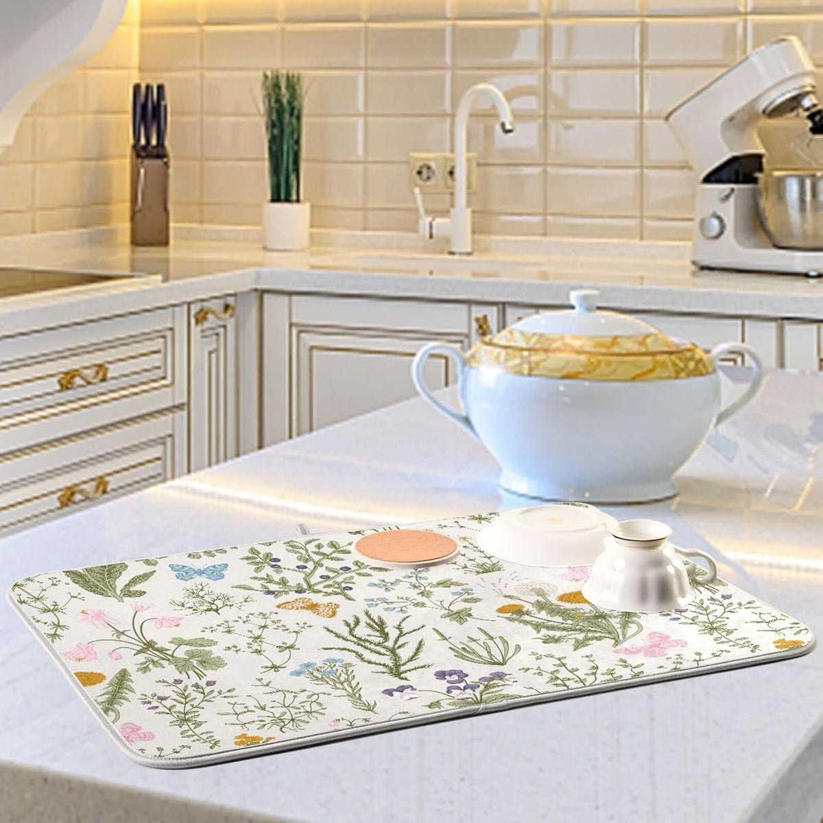 Herbs Flowers Botanical Butterfly Dish Drying Mat for Kitchen Counter Absorbent Microfiber Drying Pad, Large 18x24 in, Reversible Drainer Mats