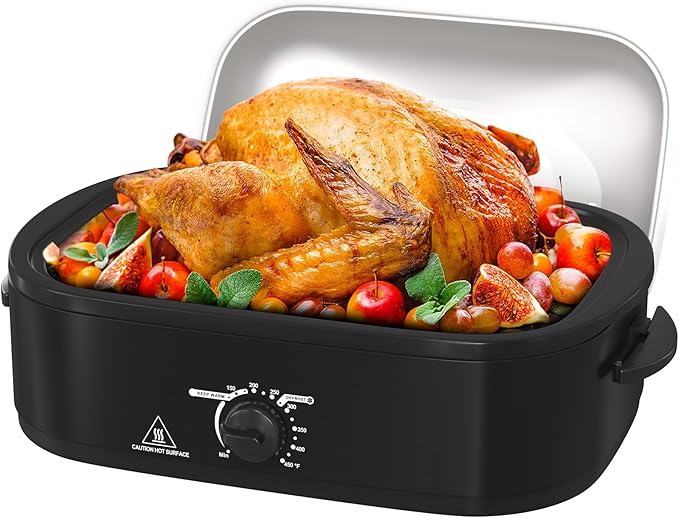 14 Quart Roaster Oven with Self-Basting Lid, with Removable Roasting Rack, Turkey Defrost & Warm Function, Adjustable Temperature, Stainless Steel, Black