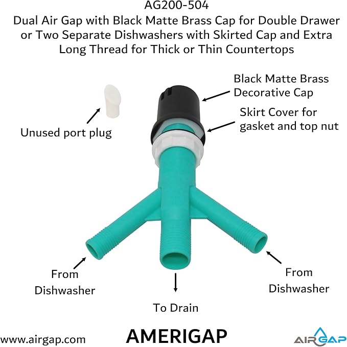 Dual Air Gap with Black Matte Brass Cap for Double Drawer or Two Separate Dishwashers with Skirted Cap and Extra Long Thread for Thick or Thin Countertops (AG200-504, AG200-X04, AMERIGAP)