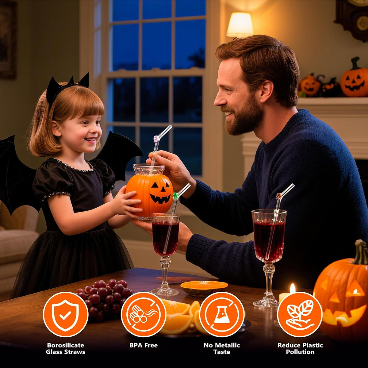 Halloween Straws Set - Cute Glass Straws with Charms | 8mm BPA Free Reusable Clear Glass Drinking Straws, Bent 9" Borosilicate Durable Skull Design Eco Friendly, Fun Party Gift with 2 Cleaners