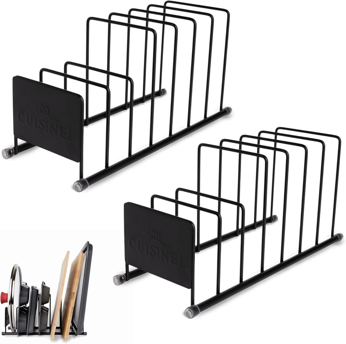 Cuisinel Lid and Dish Organizer Rack - 2-Pack Matte Black Kitchen Storage Organization Stand - Plate Holder, Pan/Pots Covers, Cutting Board and Cookie Sheet Divider - 7-Tier Cabinet/Counter Display