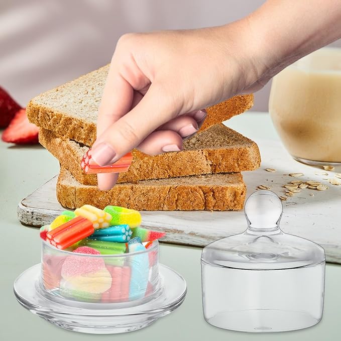 4 PCS Clear Glass Butter Dish with Lid Mini Butter Cloche Clear Small Butter Dish with Cover Glass Butter Keeper with Lid and Handle Crystal Butter Serving Container for Candy, Dessert, Jam