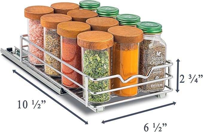 Pull Out Cabinet Organizer for Spices, Cans - Heavy Duty with Lifetime Limited Warranty- Pull Out Spice Rack- Cabinet Pull Out Shelf for Cans,Dishes, Etc, 6-1/2 "W x 10-1/2"D x 2-3/4”H, Chrome