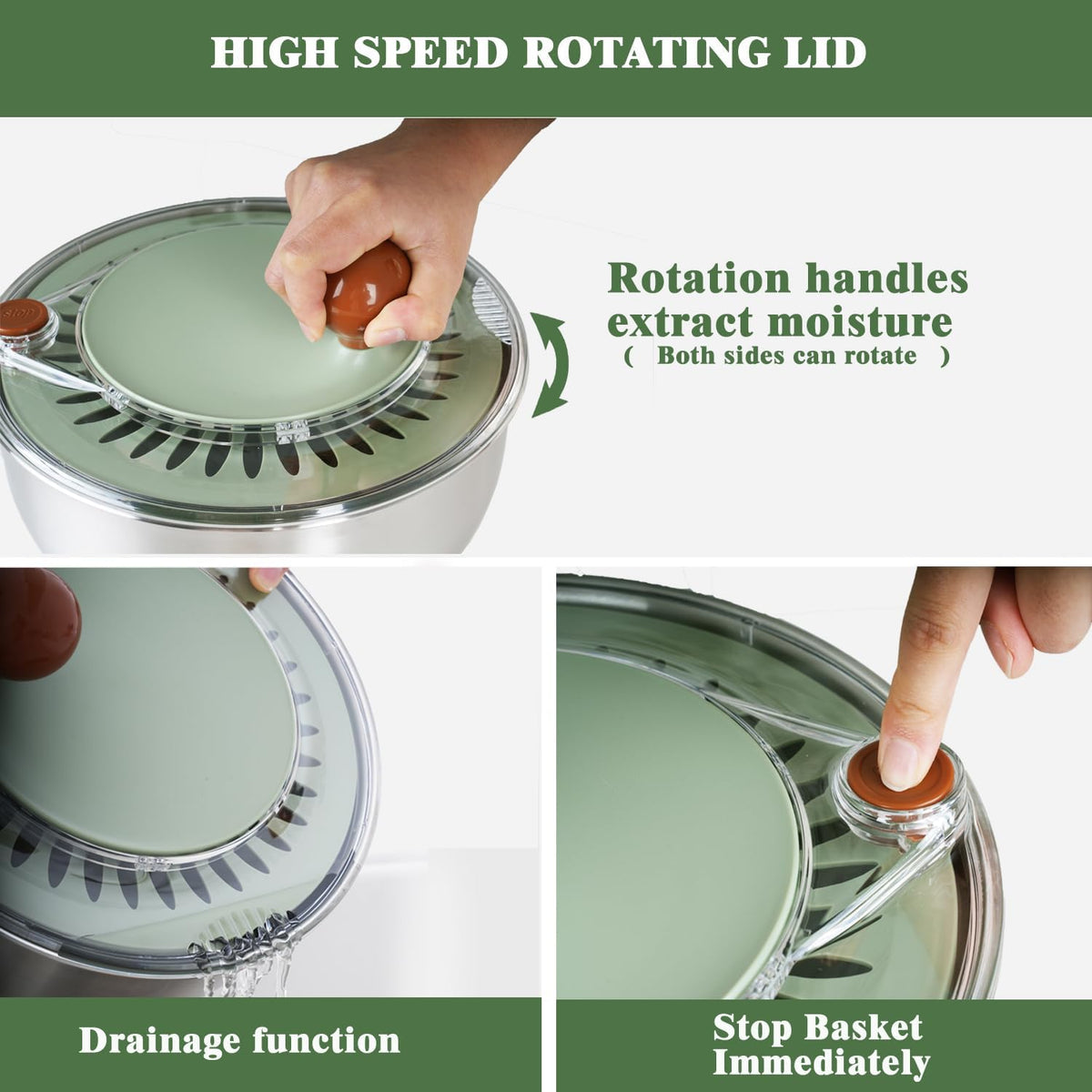 5.3Qt Stainless Steel Salad Spinner with Stop Button, Vegetable Dryer Spinner, Salad Spinner Stainless Steel with Drain, Non-Slip Base, Dishwasher Safe