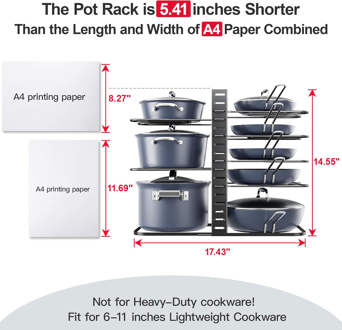 ORDORA Pots and Pans Organizer under Cabinet 14.55 Height, Adjustable 8-Tier Pot Organizers inside Cabinet, Kitchen Organizers and Storage Fit 6-11 inch Lightweight Cookware
