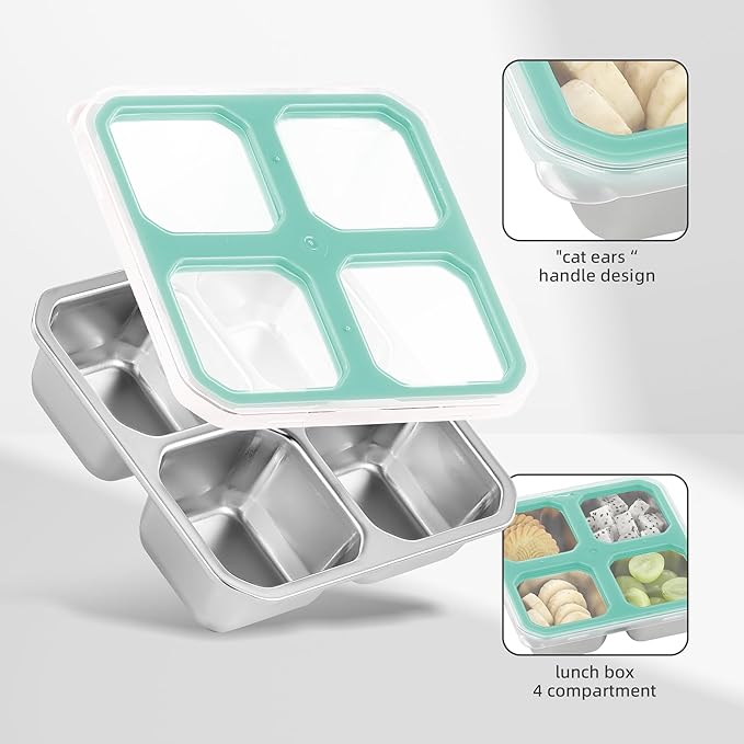 BEFOY 2 Pack Stainless Steel Snack Containers with Lids 4 Compartment Food Storage Containers for Adults Meal Prep Reusable for work or going out(blue, 2)
