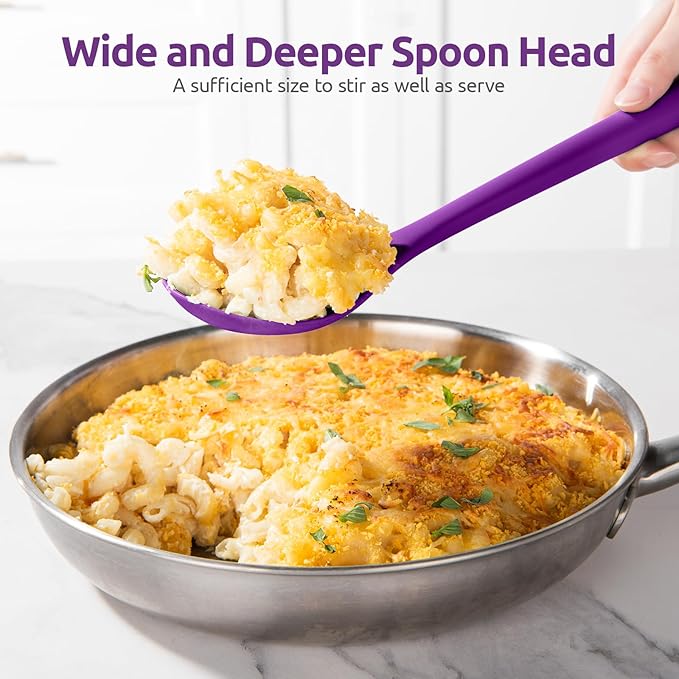 600ºF Heat Resistant Silicone Spoon: U-Taste 13.3in Solid Kitchen Cooking Spoon, Nonstick Food Grade Large & Long Soup Rubber Utensil for Mixing, Serving, Stirring, Basting, for Pot Cookware (Purple)