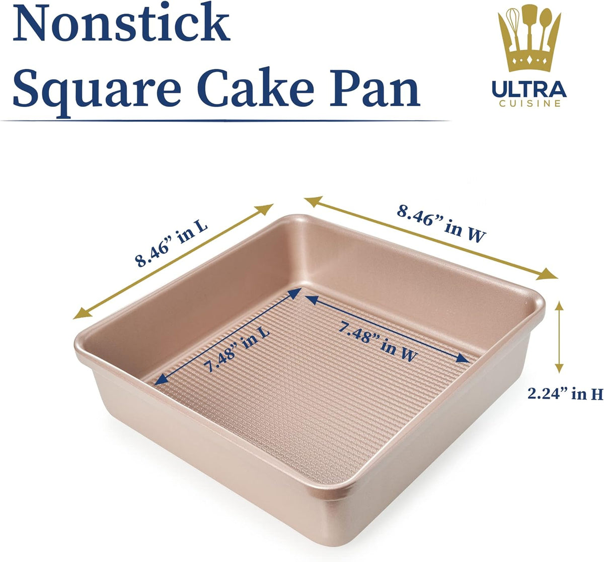 Ultra Cuisine Nonstick Square Cake Pan, Even Baking and Roasting, Easy to Clean, Durable Quality, Warp & Scratch Resistant Texture for Easy Release, Food-Safe, Size 8 x 8 inch