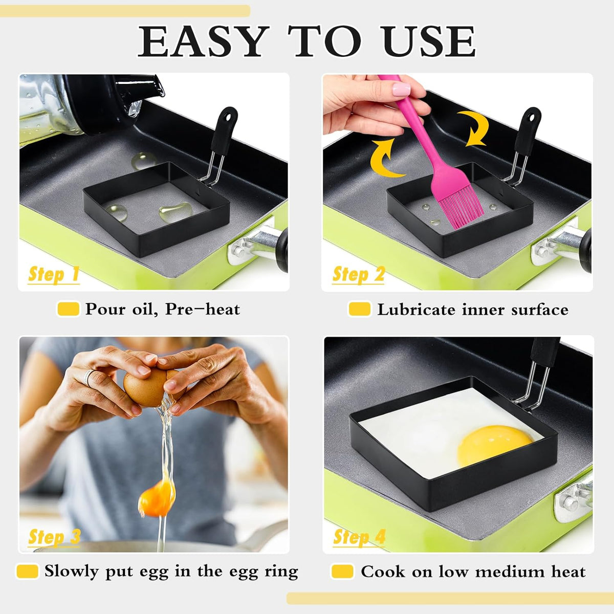2-Pack 4'' Square Egg Rings Set, Silicone Handle, Stainless Steel, Nonstick, For Frying Eggs
