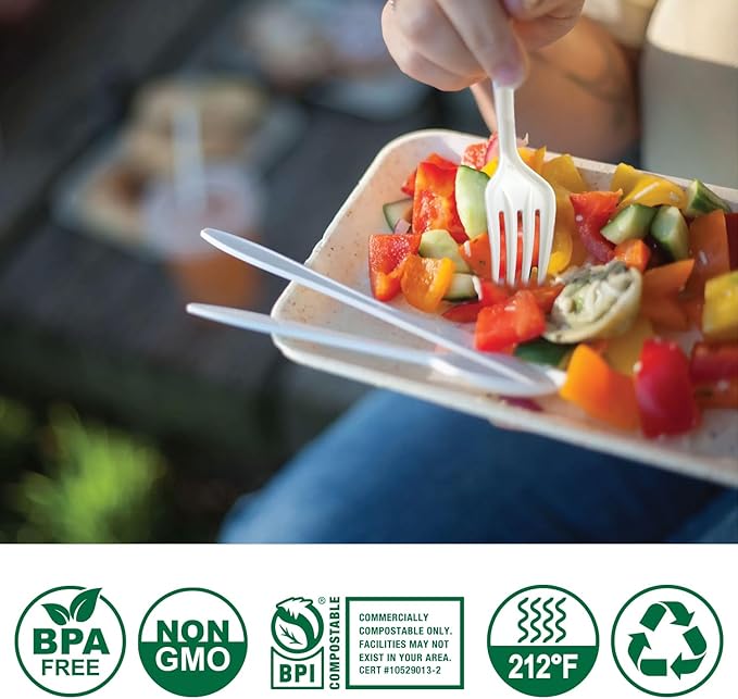 100% Compostable No Plastic Knives Plastic Forks Plastic Spoons Plastic Utensils, The Heavyweight Heavy Duty Flatware is Eco Friendly Products for Lounge Party Wedding BBQ Picnic Camping.