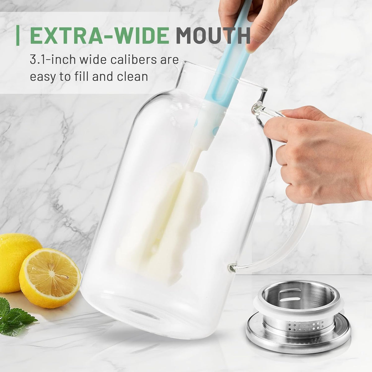 SUSTEAS 2.2 Liter 75oz Glass Pitcher with Lid, Easy Clean Heat Resistant Glass Water Carafe with Handle for Hot/Cold Beverages - Water, Cold Brew, Iced Tea & Juice, 1 Long-Handled Brush Included