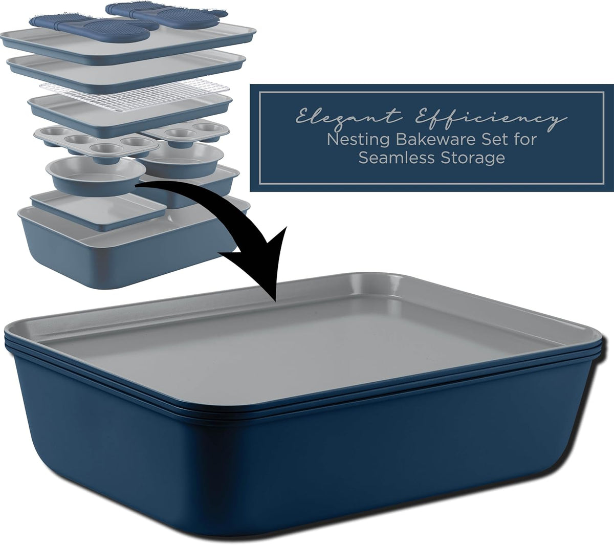 Country Kitchen Nonstick Stackable Bakeware Set - Deluxe Heavy Duty, Durable, Easy Release Baking Set, Denim, 13 Pcs
