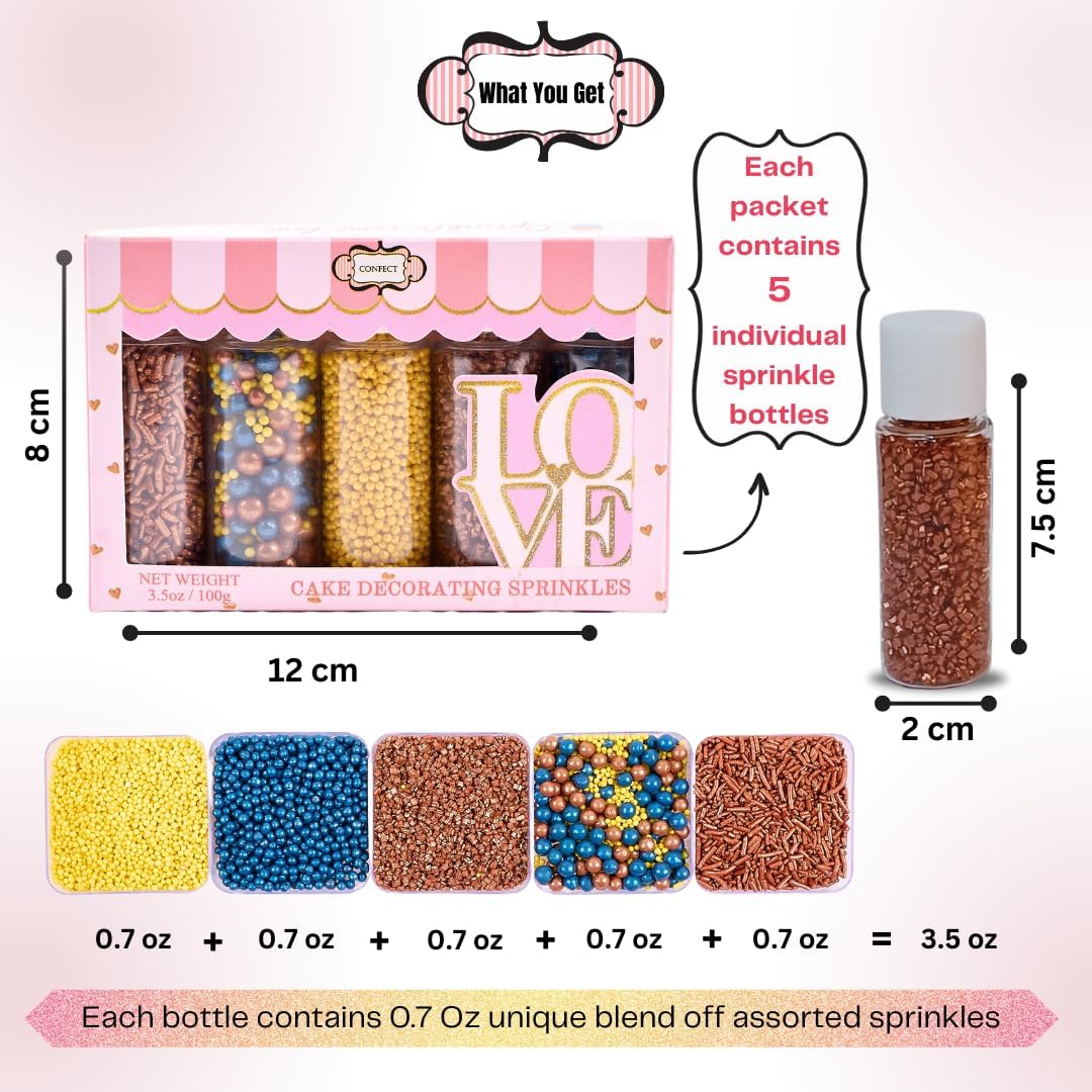 Sprinkles - Confect Sprinkles for Cakes & Cupcakes Decoration Assorted pack of 5 ?Graduation Day Mix Yellow, Copper & Navy Blue Pearl Dragees Copper Jimmies Bronze Sparkling Sugar | Vegan, Gluten-Free, Nut-Free, Soy-Free, Dairy-Free, Palm Oil-Free- 5 Oz