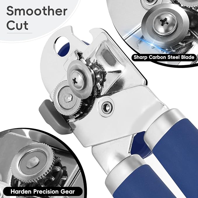 Can Opener Manual, UHIYEE Hand Held Manual Can Openers Heavy Duty with Smoother Cut Sharp Blade, Manual Hand Can Open with Soft Handle, Easy to Turn Knob, Magnetic Lid Lifter, Blue