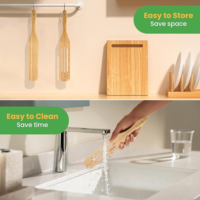 GEEKHOM Bamboo Spatulas, 13 Inch Wooden Kitchen Utensils, 2 Pack Wood Spurtle Set for Cooking, Slotted Wok Turners, Flipper for Nonstick Cookware Stirring, Serving Mixing Scraping