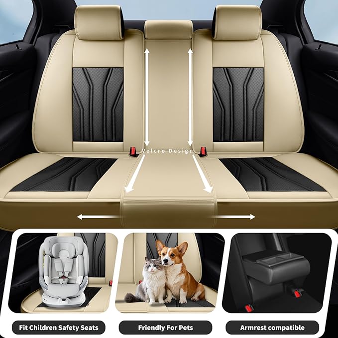Fit Juke Car Seat Covers Compatible with Nissan Juke 2012-2015 2016 - Premium Leather， Waterproof Breathable， All-Weather Seat Cushion Protecto&Airbag Compatible (2 Front Seat Beige&Black)