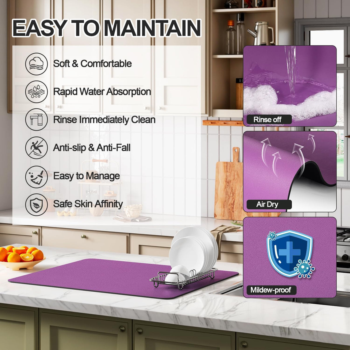 Dish Drying Mat for Kitchen Counter | Coffee Bar Mat for Countertops | Heat Resistant Drainer Mat with Non-slip Rubber Backed | Hide Stain Kitchen Absorbent Draining Mat | Purple 16"x24"