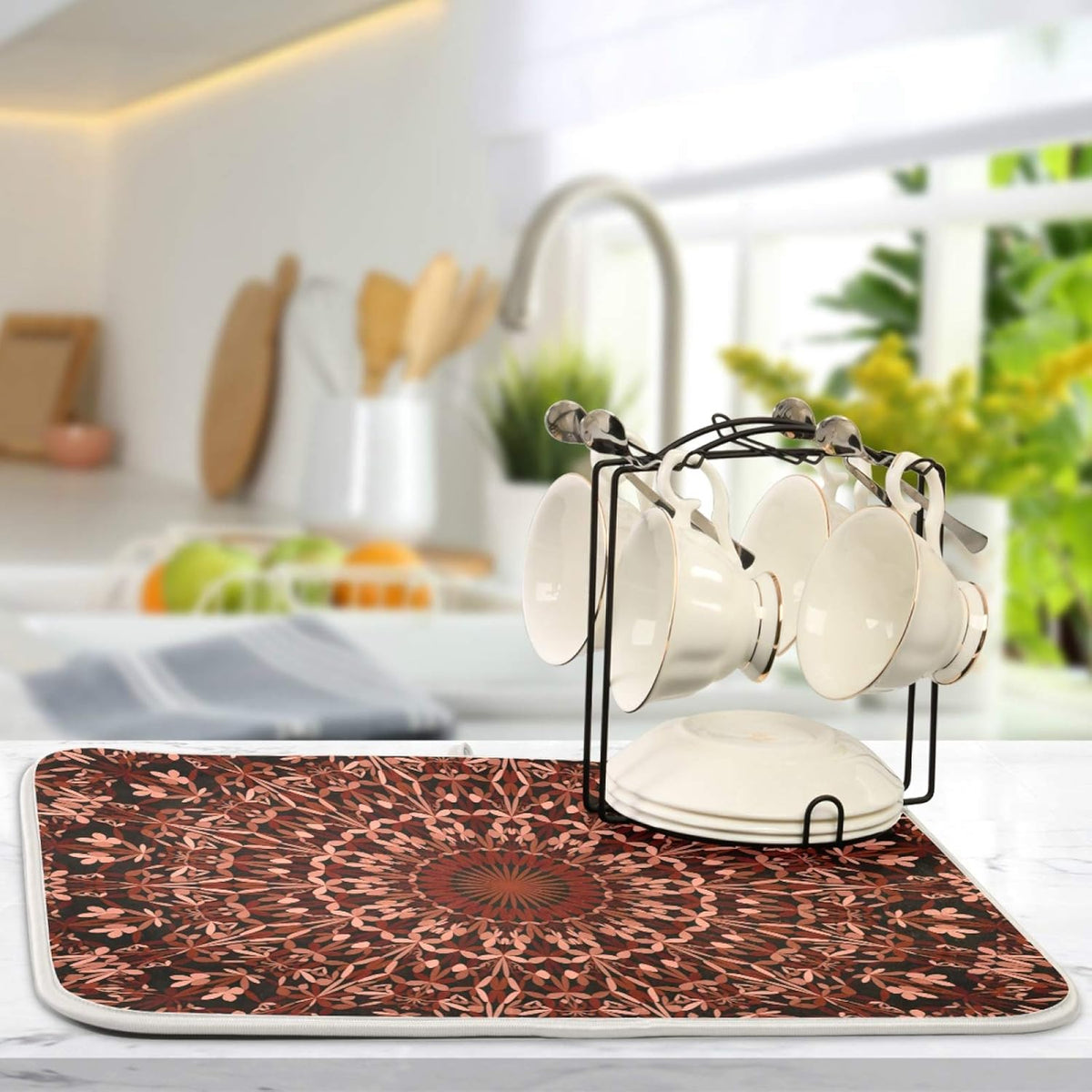 Super Absorbent Dish Drying Mat, Microfiber Fast-Drying Dish Mat, 24" x 18", Kitchen Dish Drying Pad, Mandala Maroon Boho
