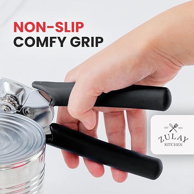 Zulay Kitchen Heavy Duty Stainless Steel Manual Can Opener – Ergonomic Soft Grip Handles, Smooth Edge Cutting Wheel & Large Built In Bottle Opener – Easy Turn Knob for Effortless Use - Black