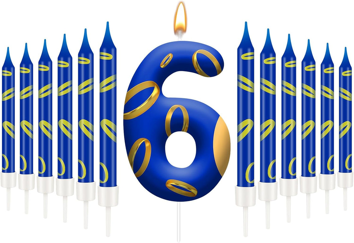 13PCS Birthday Cake Candles Set - Blue and Golden Ring Number Candles with Vibrant Designs for Boys & Girls, Theme Birthday Party Decorations, Cake Toppers for Theme Parties(Number 6)