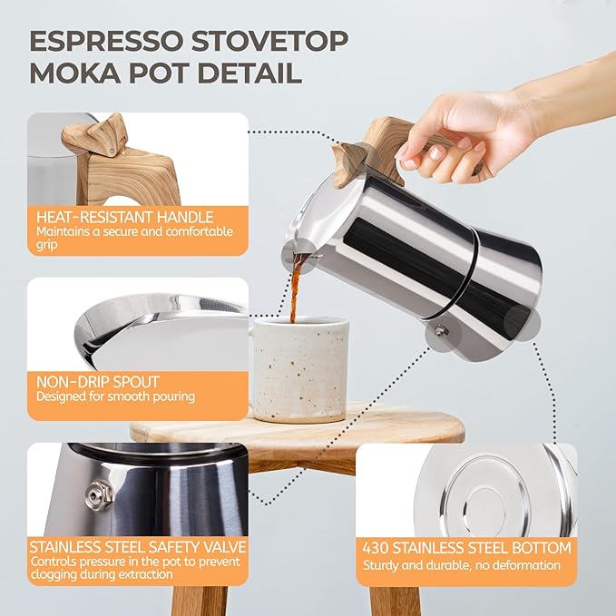 Uncoated 2 Cup Moka Pot 304 Thickened Stainless Steel Coffee Maker Stovetop Espresso Coffeemaker Italian Classic Style Brewing Greca Cafe Mocha Machine for Cafeteras Camping Travel Home 100ml 3.3oz