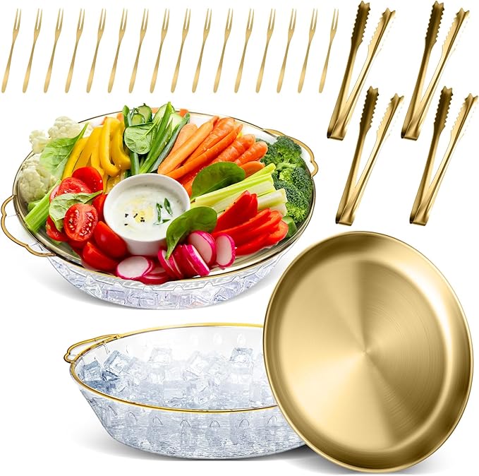 Baderke 2 Sets 11.8" Chilled Serving Tray for Parties Round Iced Platter with Ice Underneath Stainless Steel Clip Fruit Fork Shrimp Cocktail Serving Dish for Oysters Crawfish Fruits (Gold)
