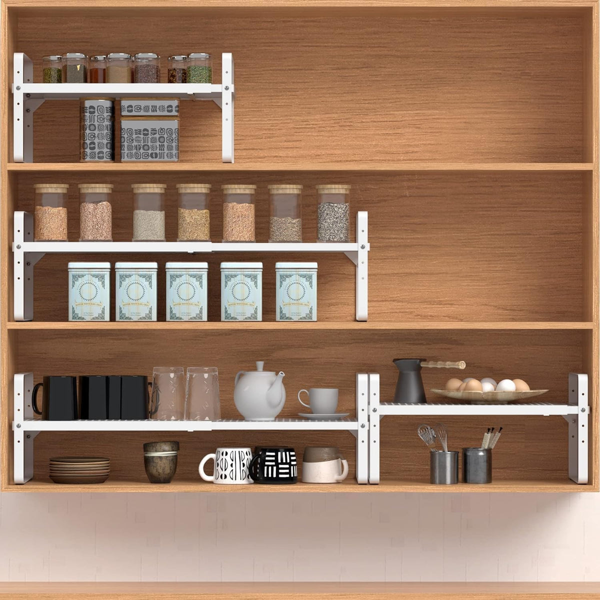 Expandable Cabinet Shelf Organizer Adjustable Metal Spice Rack Stackable Freestanding Counter Storage Shelves for Kitchen Cabinet Under Sink Office Desk (White - 3Pack - L16.5-27'' * W10.2'' * H9.6'')