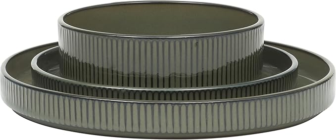 Gibson Elite 12 Piece (Service for 4) Townscape Plates and Bowls Reactive Glaze Embossed Round Dishes Terracotta Ceramic Dinnerware Set - Dark Green