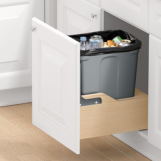 VEVOR Wood Pullout Trash Can for Kitchen Cabinets, 35 QT Garbage Waste Recycling Bin, Under Mount Waste Container, with Heavy Duty Metal Soft Close Sliding System, Door Kit, for Sink, Under Counter