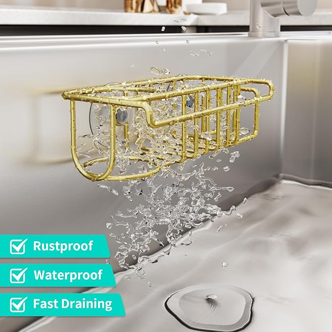 HapiRm Sponge Holder for Kitchen Sink, No Drill Kitchen Sink Caddy Organizer, Rustproof Dish Sponge Holder- Gold(8.73 * 3.54 * 2.36in)