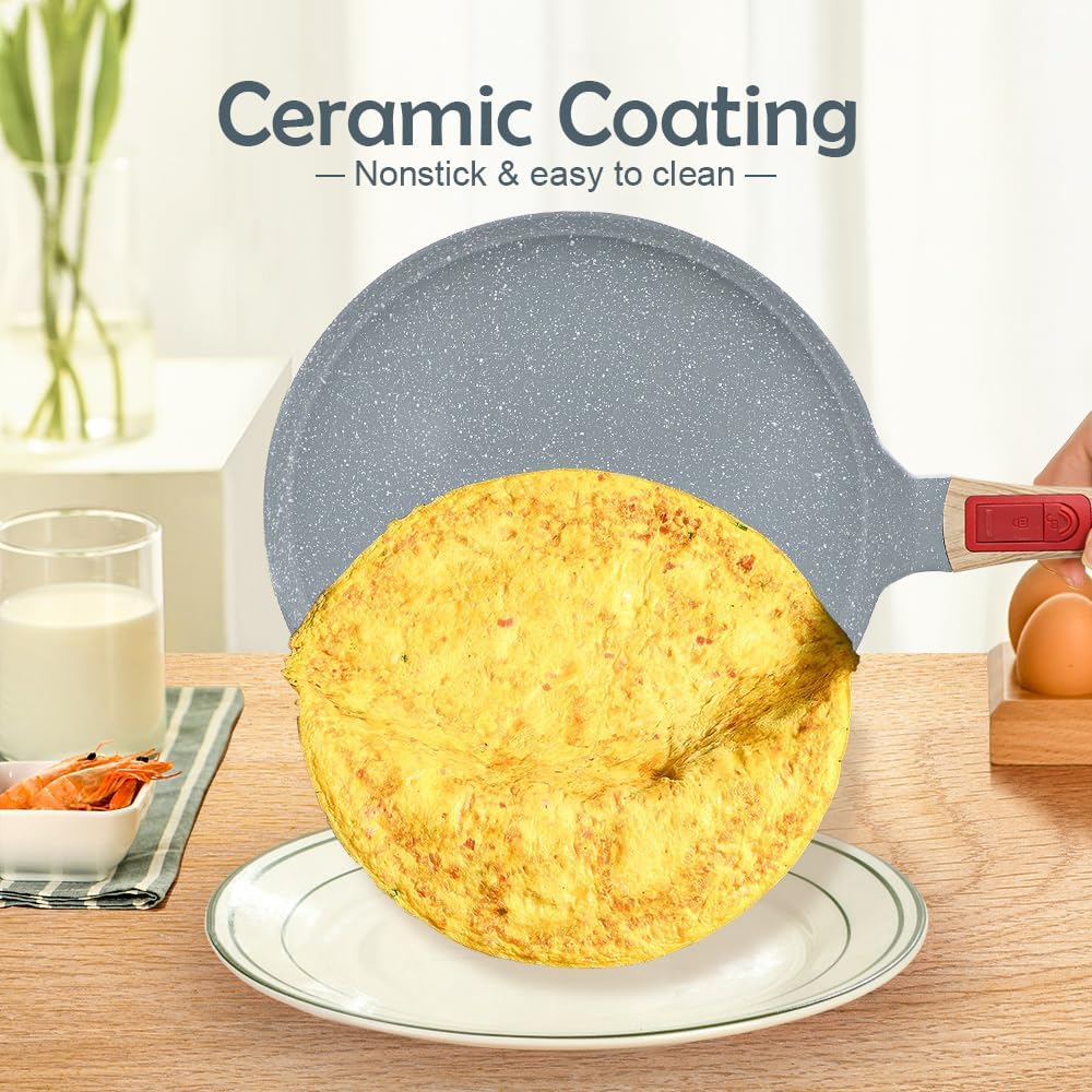 Ceramic Crepe Pan 10 in, Nonstick Dosa Pan with Detachable Handle, Pancake Pan Blue