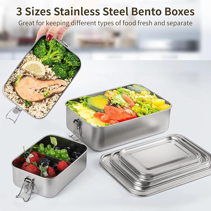 3 PCS Bento Boxes, Stainless Steel Lunch Boxes, Food Storage Containers, Lockable Clips to Leak Proof, Reusable Dishwasher Safe Lunch Snack Boxes(850 ml, 1400 ml, 2400 ml)