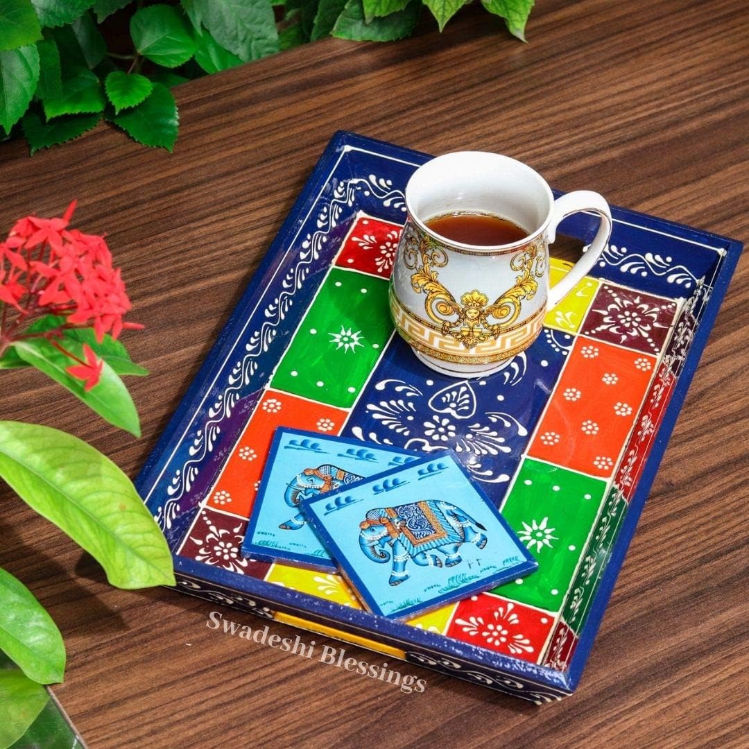Swadeshi Blessings Wooden Serving Tray Set- Handcrafted & Hand-Painted for Kitchen/Table & Home Decor/Dinning/Gifts/Restaurants/Living Room/Coffee Table (Set of 3 Trays) (Blue)