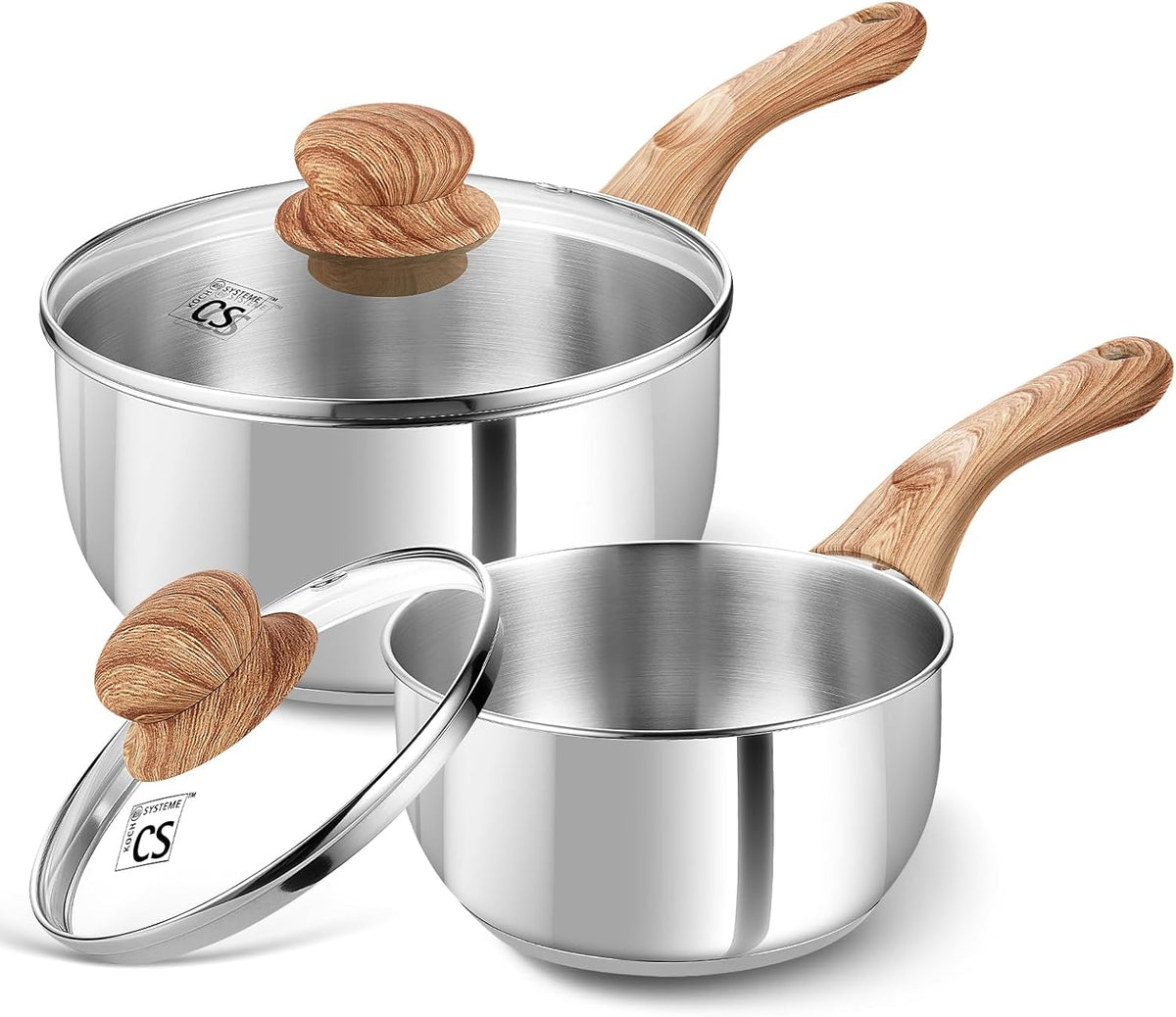 KOCH SYSTEME CS Stainless Steel Saucepan Set, 4-Piece Stainless Steel Sauce Pan with Cool-Touch Bakelite Handle, 1 QT & 2 QT Saucepan with Lid, Steel Pots Induction Ready