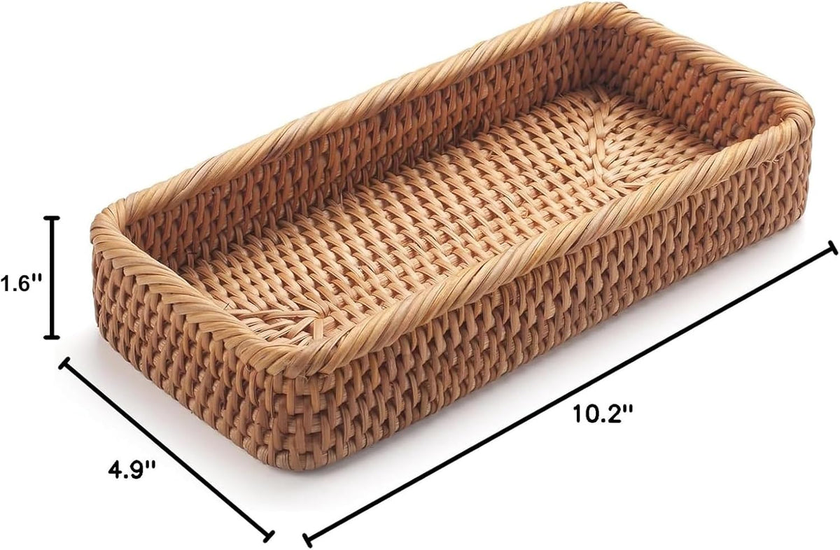 Rattan Bathroom Vanity Trays Toilet Tank Baskets Long Narrow Hand Towel Storage Basket for Storage, Decorative (Natural 10.2 x 4.9 x 1.6 inch)