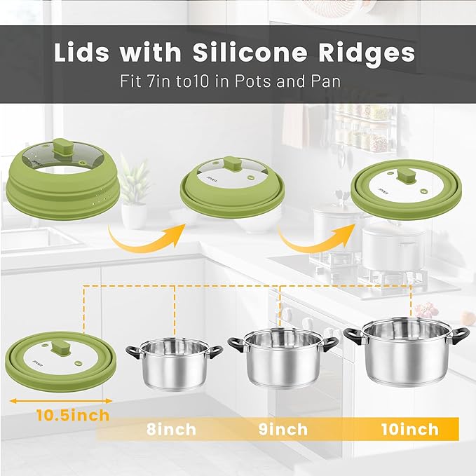 Microwave Splatter Cover, Vented Silicone and Glass Cover Splatter Guard Lid, Food Collapsible Plate Cover Lid with Easy Grip Handle. (Green, 10.8 inch)
