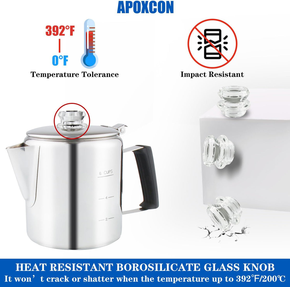 Multi Use Percolator Coffee Pot Stainless Steel Stove Top Coffee Maker with Two Tough Borosilicate Glass Knob Silica Handle Camping Coffee Pot Using on Campfire Stove & Induction Cooker Silver 6 Cup