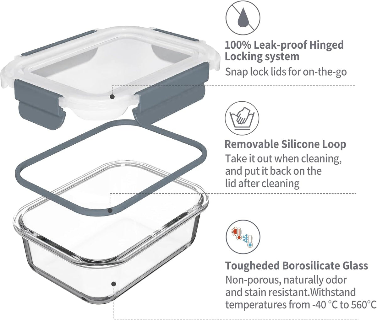 GENICOOK GC glass Food Storage Containers with Lids, Meal Prep Containers, Airtight Lunch Containers Bento Boxes with Snap Locking Lids for Microwave, Oven, Freezer and Dishwasher