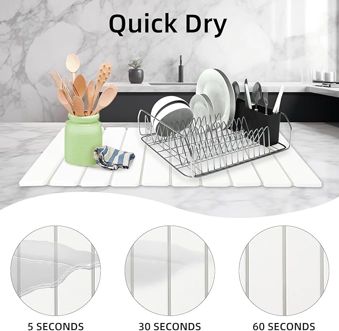 Stone Dish Drying Mat, 24"(L)×16"(W) - Fast-Drying, Collapsible Kitchen Counter Mat for Dishes, Cups & Bottles with Sanding Tool + Placemat, White