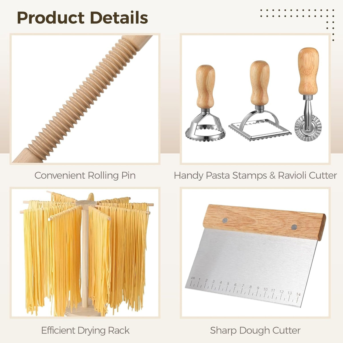 8 Pcs Pasta Making Tools, Wood Pasta Maker Kit, Includes 1 Pasta Drying Rack, 3 Rolling Pins, 1 Dough Cutter, 2 Pasta Stamps, and 1 Ravioli Cutter, Homemade Pasta Making Supplies