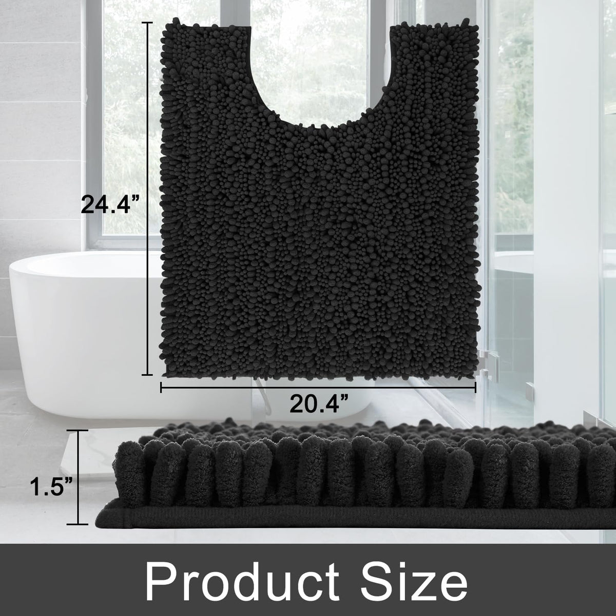 Yimobra Toilet Rug U Shaped Washable 24x20 Inch - Ultra Soft Absorbent Chenille Bath Rugs for Toilet, Quick Dry & Machine Washable, Non Slip Contour Bathroom Mat, Black