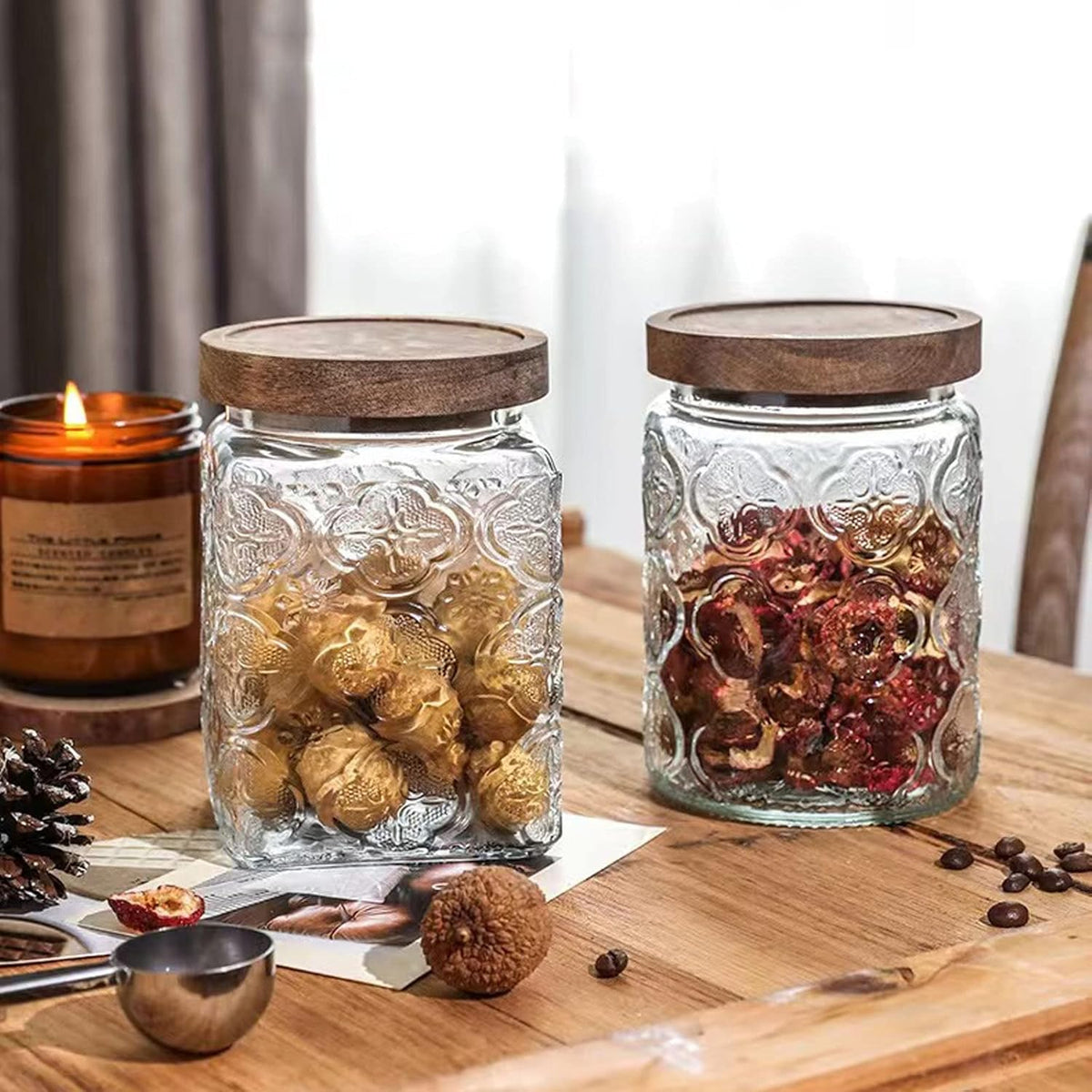 Snminetal Vintage Glass Airtight Storage Jar Set of 2, With Airtight Wood Lid, Kitchen Food Storage Containers,Suitable for storage Tea leaves,Coffee Beans,dried fruits, cereals, etc(Plum pattern)