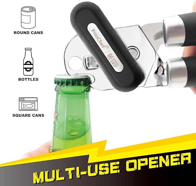 [Upgraded] PrinChef Can Opener Manual with Magnet, Reinforced Gear and Blade, Smooth Edge Can Openers for Seniors with Arthritis, Comfortable Grip Handheld Can Cutter Bottle Opener with Magnet, Black