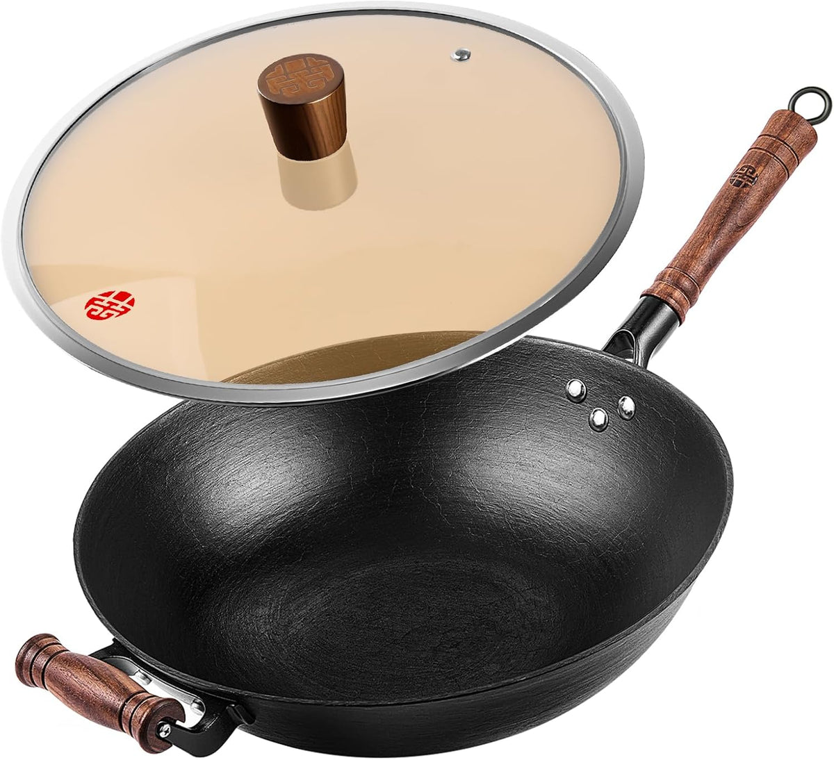 WANGYUANJI 14.2 Inch Cast Iron Wok with Glass Lid – Extra Large Flat Bottom Wok for Stir Fry, Steaming, Braising, Compatible with All Stovetops, Black