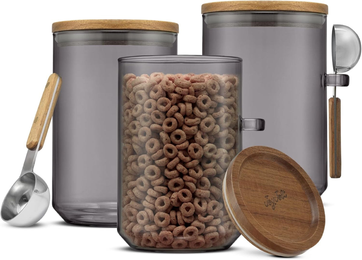 JoyJolt Holden 32oz Stackable Glass Storage Containers with Lids and Scoops, Airtight Food Canister Set of 3 w/Acacia Wood Lids, Round Stacking Pantry and Kitchen Containers w/Scoop | Smoke