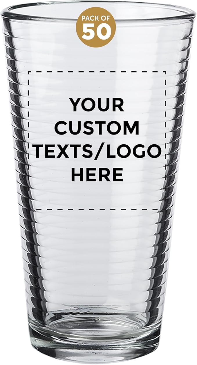 Custom Spiral Pint Glass 16 oz. Set of 50, Personalized Bulk Pack - Beer Glasses, Heavy Duty Drinkware - Clear
