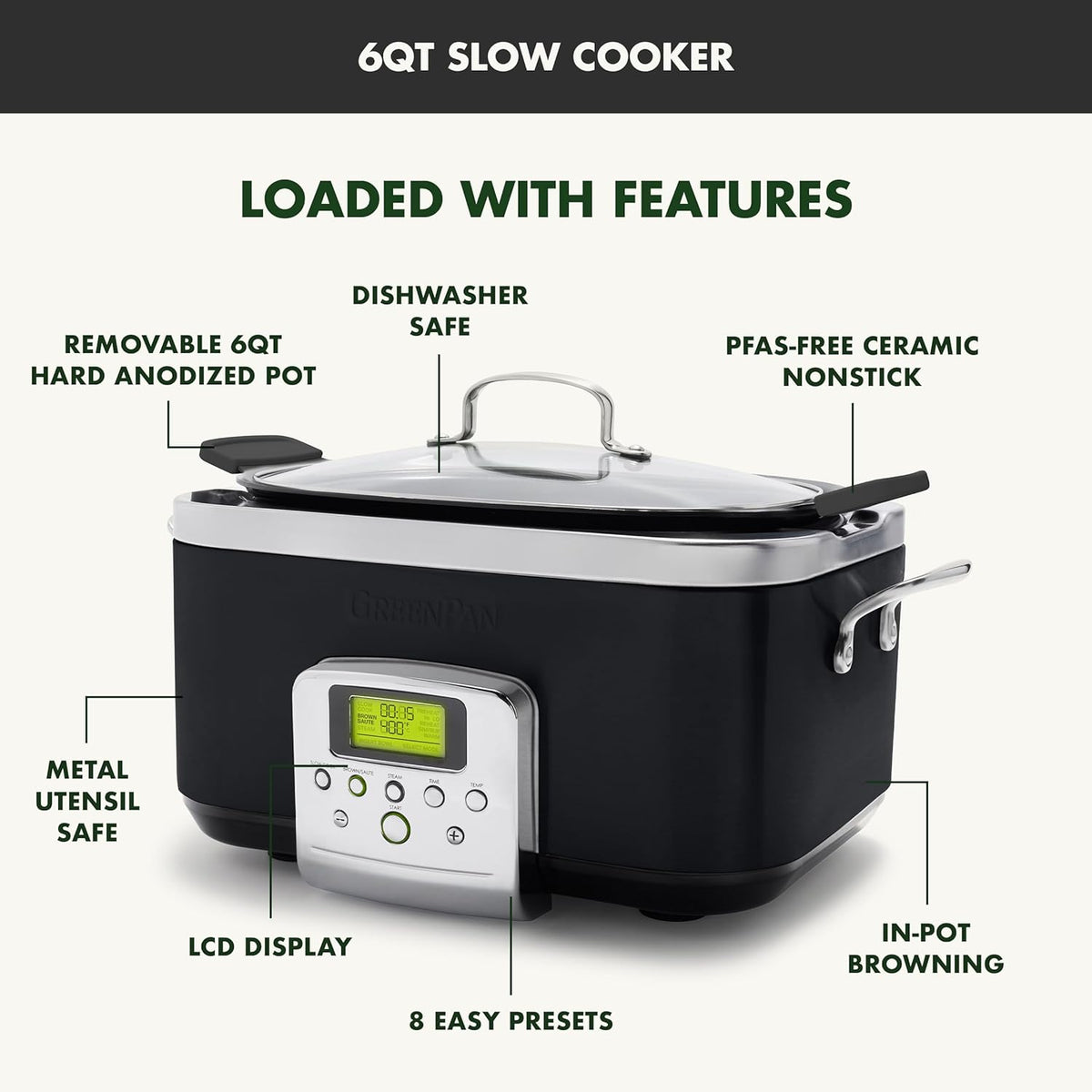 GreenPan Elite 14-in-1 Programmable 6QT Electric Slow Cooker, Dishwasher Safe Lid & Removable Crock, PFAS-Free Healthy Ceramic Nonstick Multi-Cooker, Sear, Sauté, Brown, Steam Basket, Roast, Black