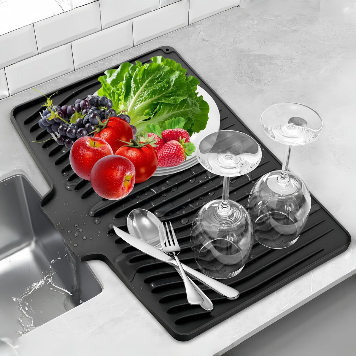 CIEO Silicone Dish Drying Mat for Kitchen Counter, Slope Fast Self-Draining, Non-Slip Drain Pad, Easy Clean Countertop Protection Mat, Multiple Use for Dishes Drying Rack（18.9"x 13.58",Black）