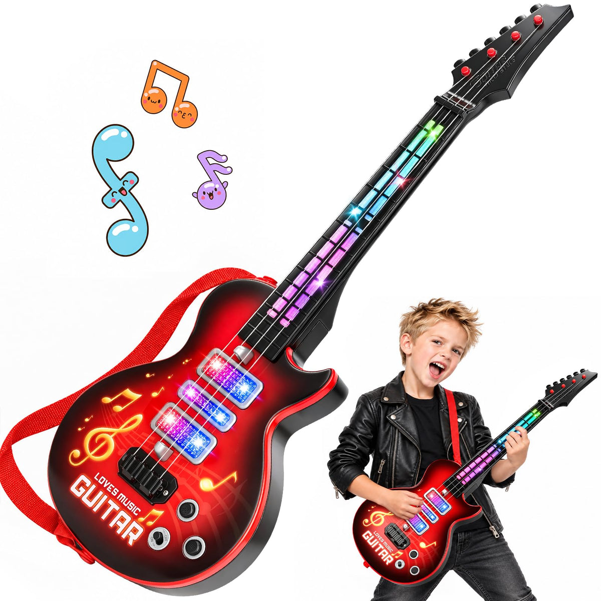 Kids Electric Guitar Toy for Ages 3-5 21 Inch Light Up Guitar with 4 Strings Infrared Sensor & Strap Musical Gift for Boys Girls (Red)