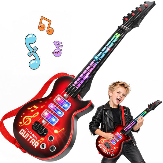 Kids Electric Guitar Toy for Ages 3-5 21 Inch Light Up Guitar with 4 Strings Infrared Sensor & Strap Musical Gift for Boys Girls (Red)